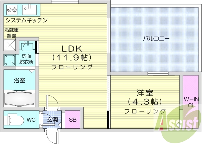 1LDK、エアコン、システムキッチン、ネット無料