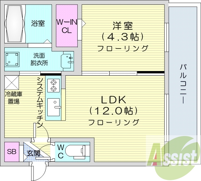 1LDK、エアコン、システムキッチン、ネット無料