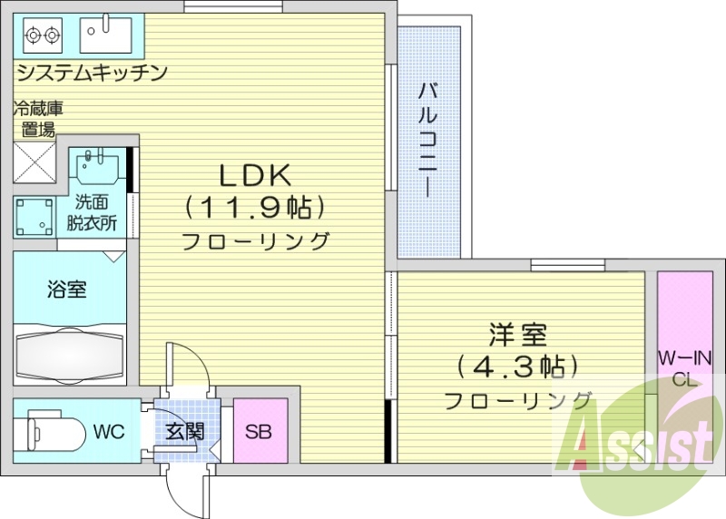 1LDK、エアコン、システムキッチン、ネット無料
