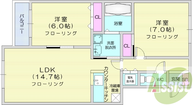 2LDK、1坪バス、トランクルーム、洗髪洗面化粧台