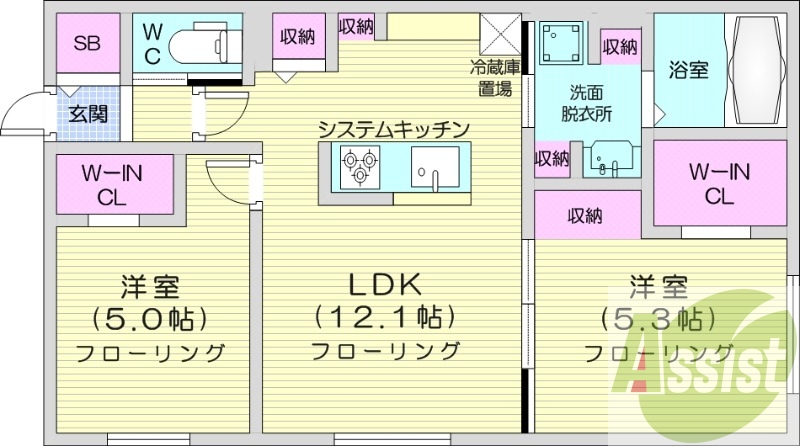 2LDK、都市ガス、エアコン、システムキッチン