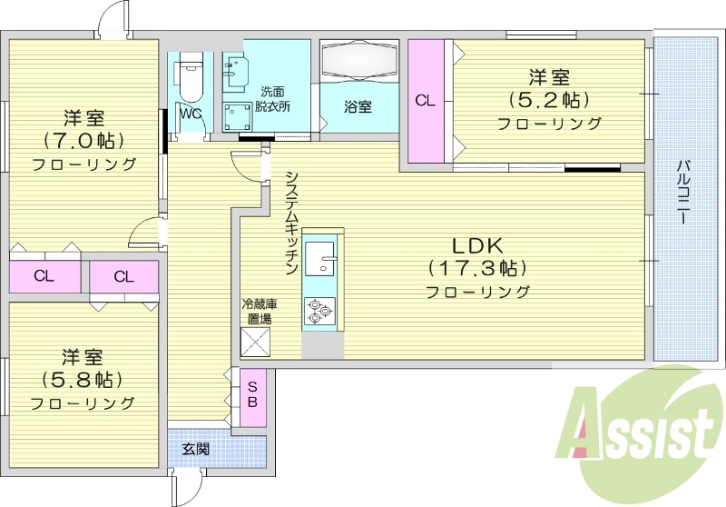 3LDK、都市ガス、エアコン、システムキッチン、追い焚き