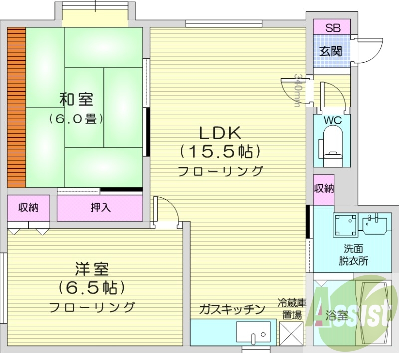 2LDK、エアコン、灯油暖房、独立洗面台、トイレ風呂別
