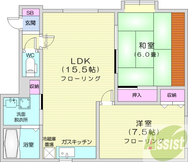 2LDK、エアコン、灯油暖房、独立洗面台、トイレ風呂別