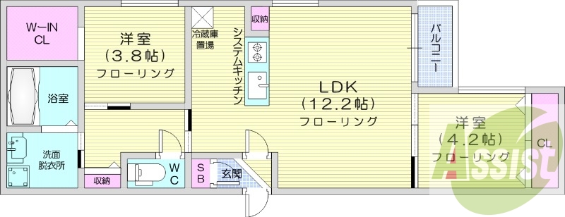 2LDK、都市ガス、システムキッチン、エアコン
