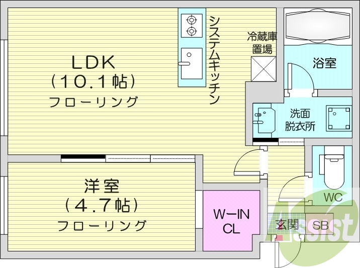 1LDK、都市ガス、システムキッチン、エアコン