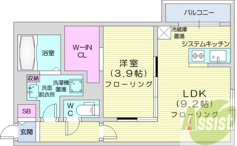 1LDK、エアコン、システムキッチン、ネット使用料不要