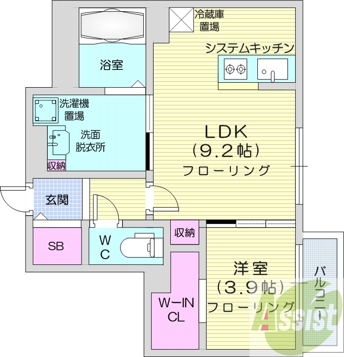 1LDK、エアコン、システムキッチン、ネット使用料不要