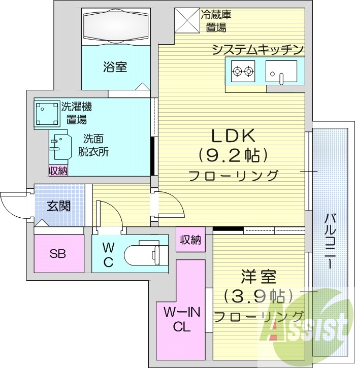 1LDK、エアコン、システムキッチン、ネット使用料不要