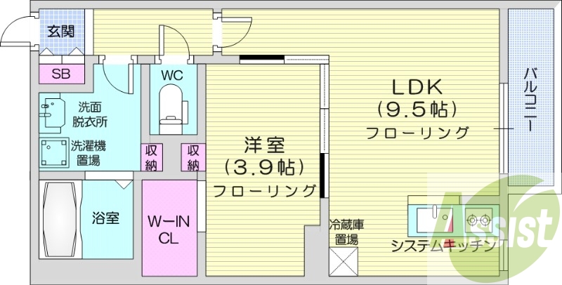 1LDK、エアコン、システムキッチン、ネット使用料不要