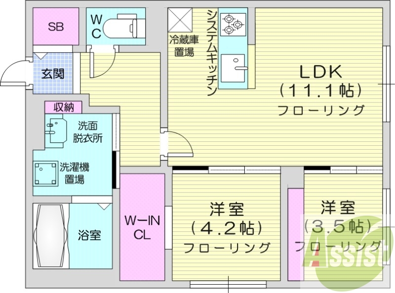 2LDK、エアコン、システムキッチン、ネット使用料不要