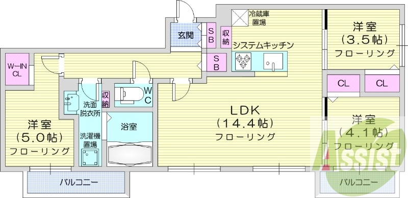3LDK、エアコン、システムキッチン、ネット使用料不要