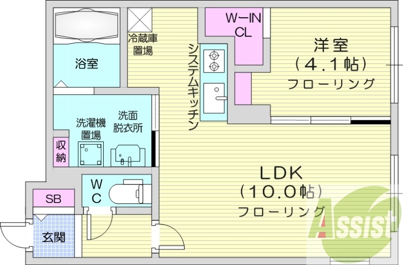 1LDK、エアコン、システムキッチン、ネット使用料不要