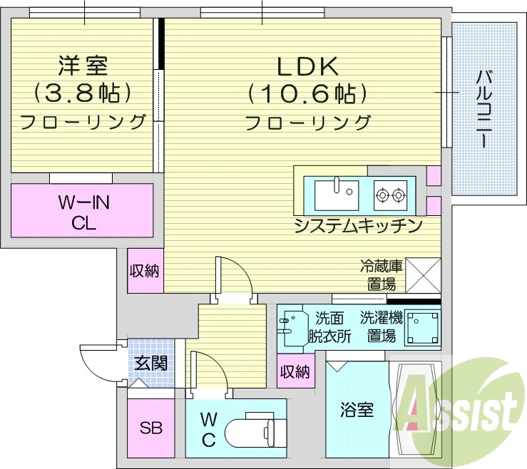 1LDK、エアコン、システムキッチン、ネット使用料不要