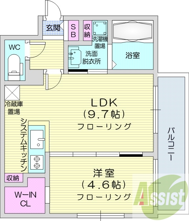 1LDK、エアコン、システムキッチン、ネット使用料不要