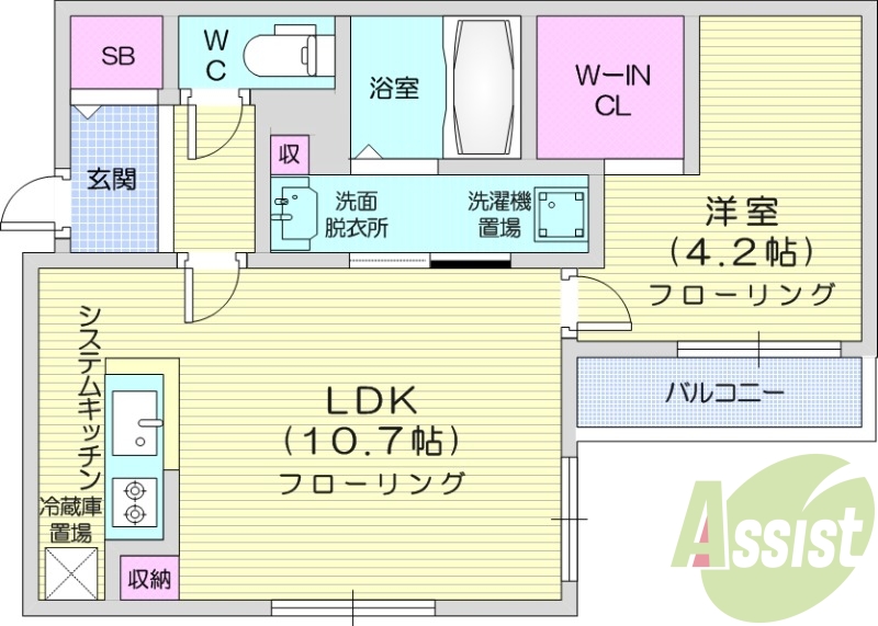 1LDK、エアコン、システムキッチン、ネット使用料不要