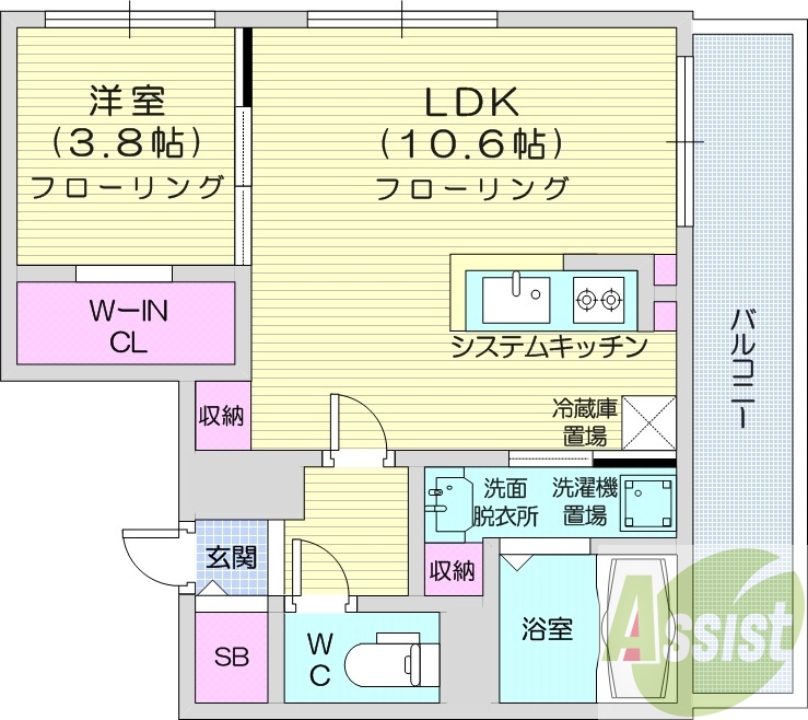 1LDK、エアコン、システムキッチン、ネット使用料不要