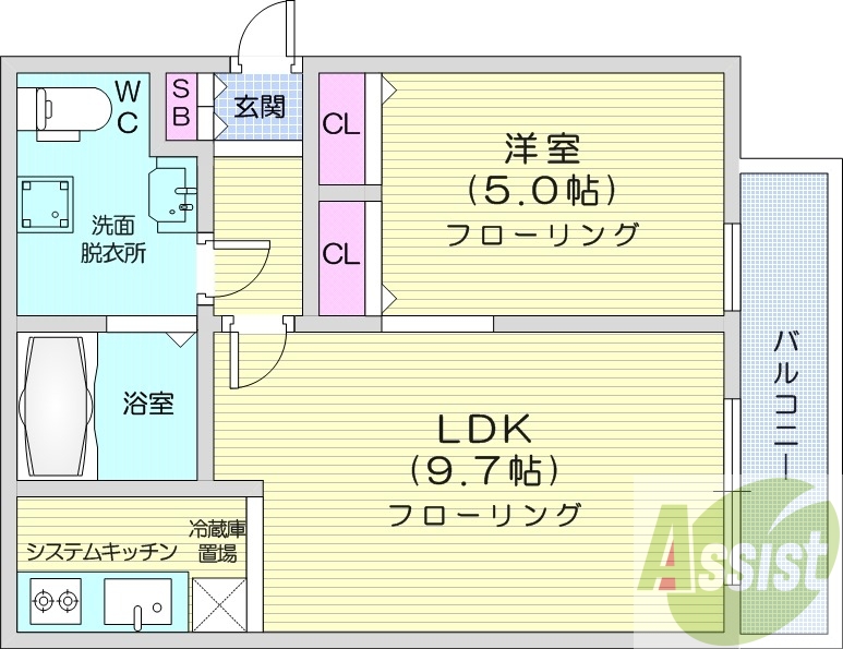 1LDK、都市ガス、ネット無料、バストイレ別、灯油暖房