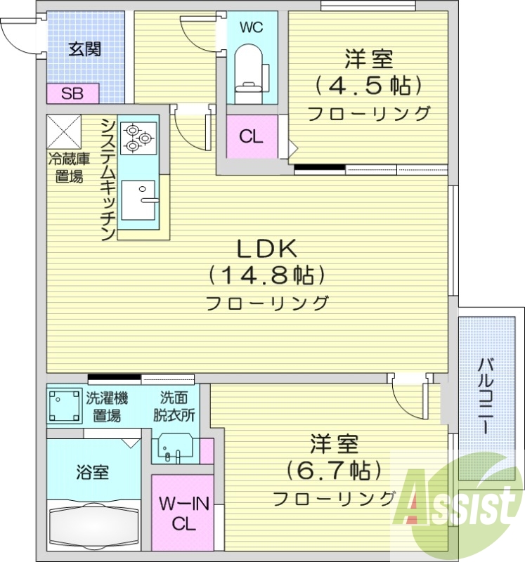 2LDK、都市ガス、システムキッチン、エアコン、浴室乾燥機