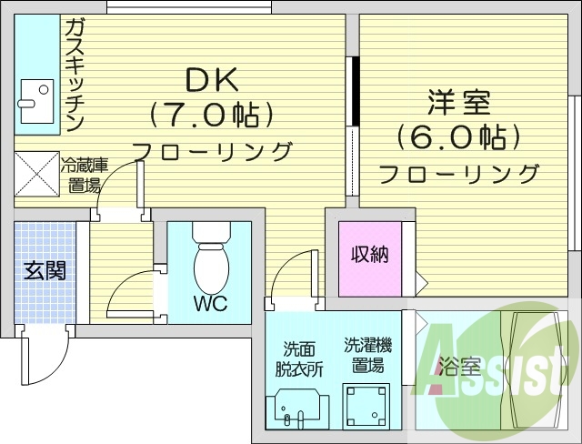 1DK、洗面脱衣所、ガスFF暖房、室内洗濯機置場