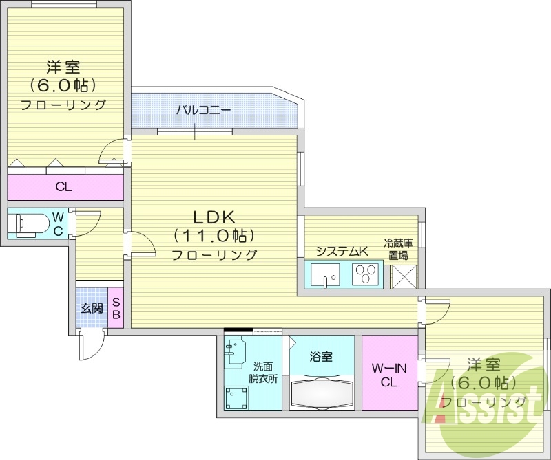 2LDK、エアコン、オートロック、宅配ボックス
