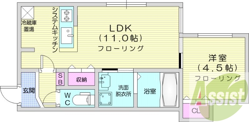 1LDK、都市ガス、エアコン、浴室乾燥機、システムキッチン