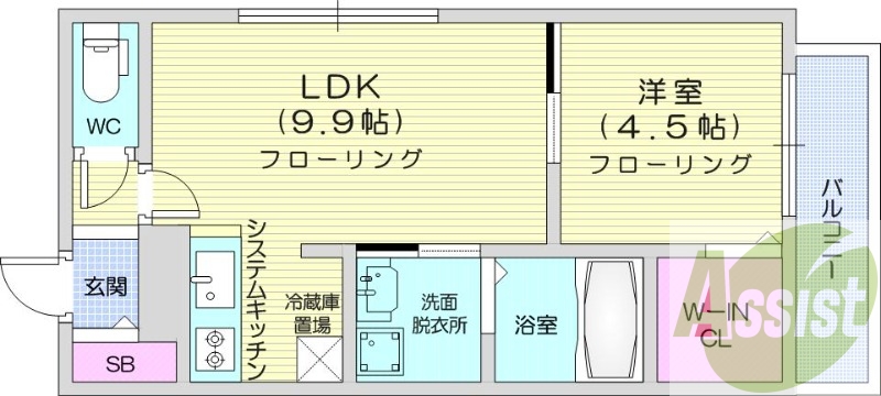 1LDK、都市ガス、エアコン、浴室乾燥機、システムキッチン