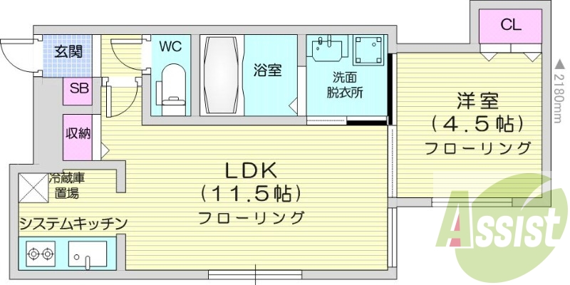 1LDK、都市ガス、エアコン、浴室乾燥機、システムキッチン