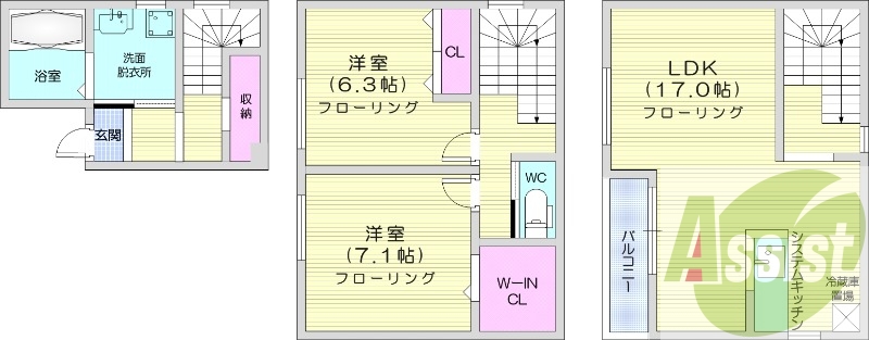 2LDK、都市ガス、エアコン、追い焚き、独立洗面台