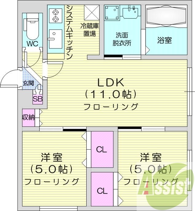 2LDK、エアコン、システムキッチン、浴室乾燥機