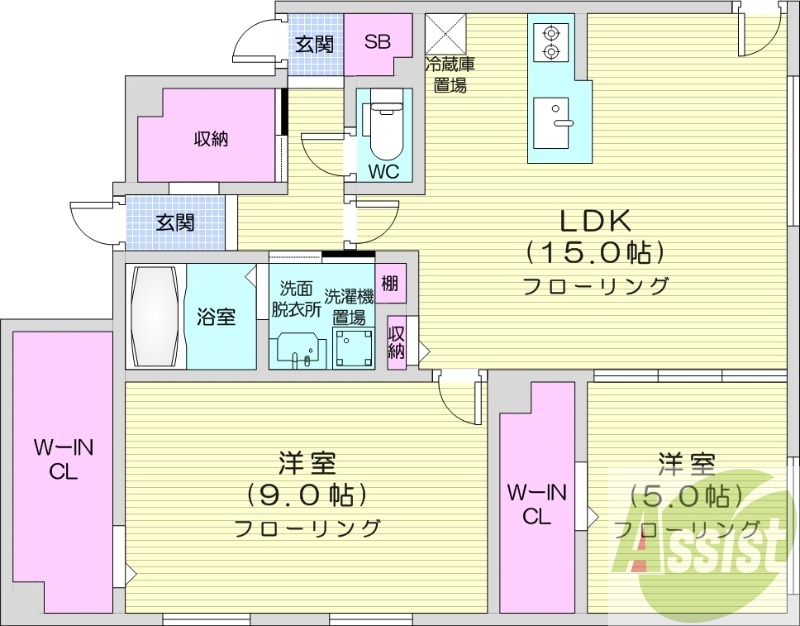 2LDK、都市ガス、エアコン、ネット使用料不要
