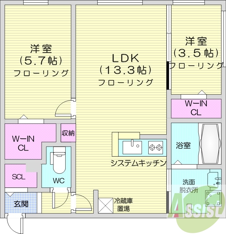 2LDK、都市ガス、エアコン、ネット使用料不要