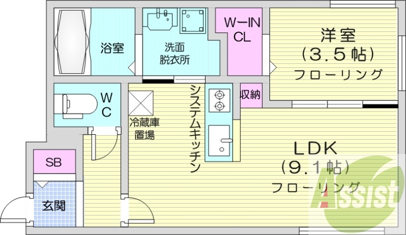 1LDK、都市ガス、エアコン、ネット使用料不要