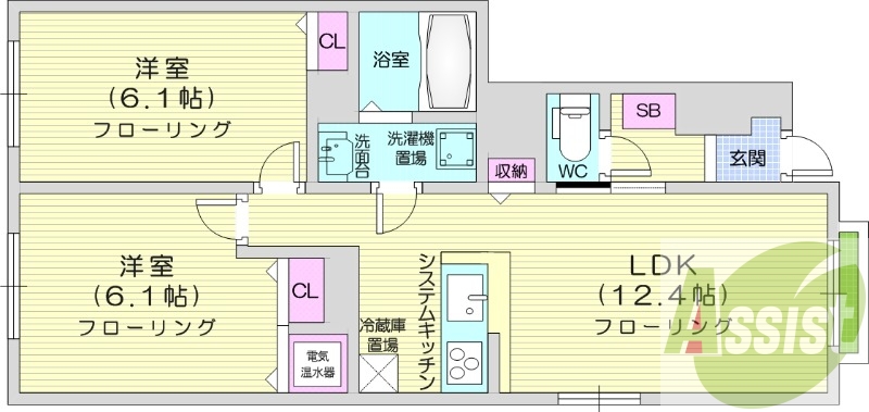 2LDK、エアコン、独立洗面台、浴室乾燥機、トランクルーム