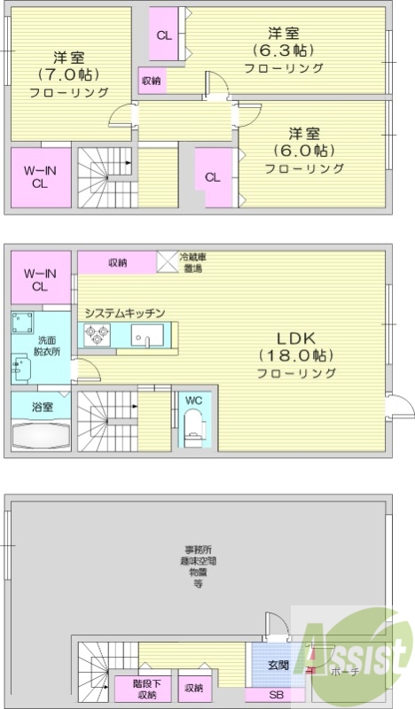 3LDK、ペット飼育可、エアコン、無料駐車場