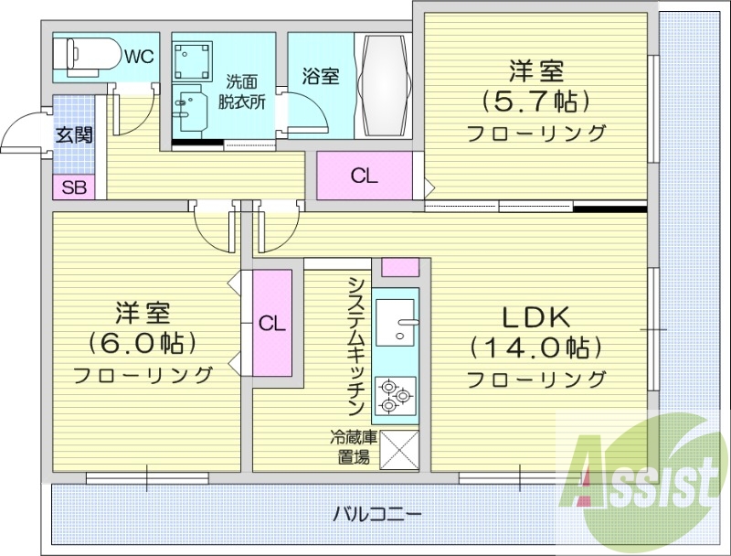 2LDK、システムキッチン、光ファイバー、宅配ボックス