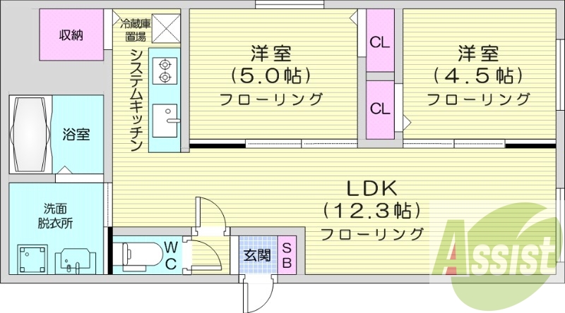 2LDK、エアコン、都市ガス、システムキッチン