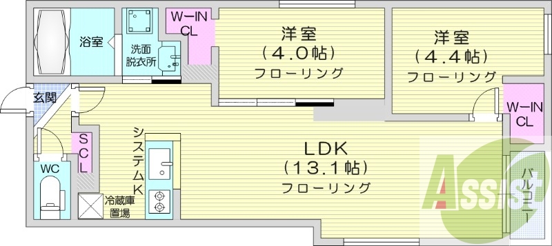 2LDK、都市ガス、エアコン、システムキッチン