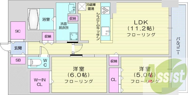 2LDK、エアコン、都市ガス、システムキッチン