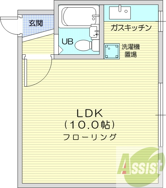 1K、エアコン、都市ガス、ガスFF暖房、水道代定額