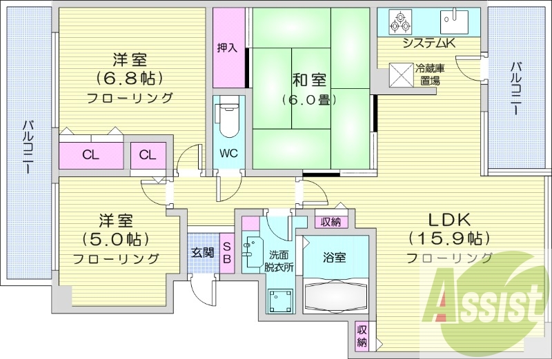 3LDK、都市ガス、バルコニー、浴室乾燥機