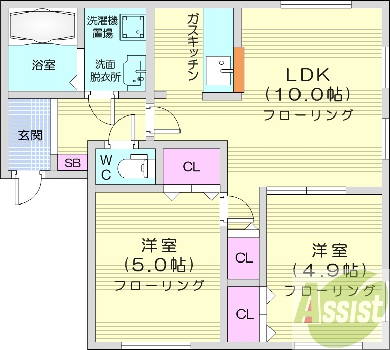 2LDK、角部屋、最上階、バストイレ別、独立洗面台