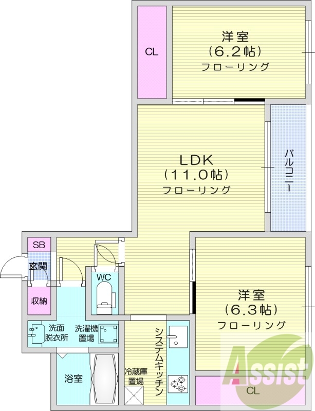 2LDK、独立洗面台、システムキッチン、灯油暖房