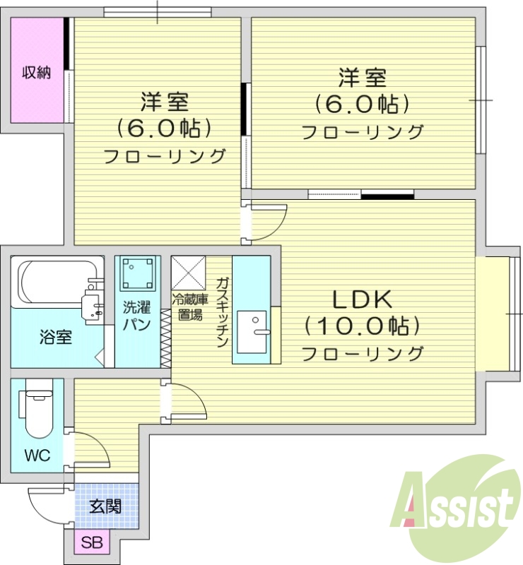 2LDK、バストイレ別、室内洗濯機置場、灯油暖房