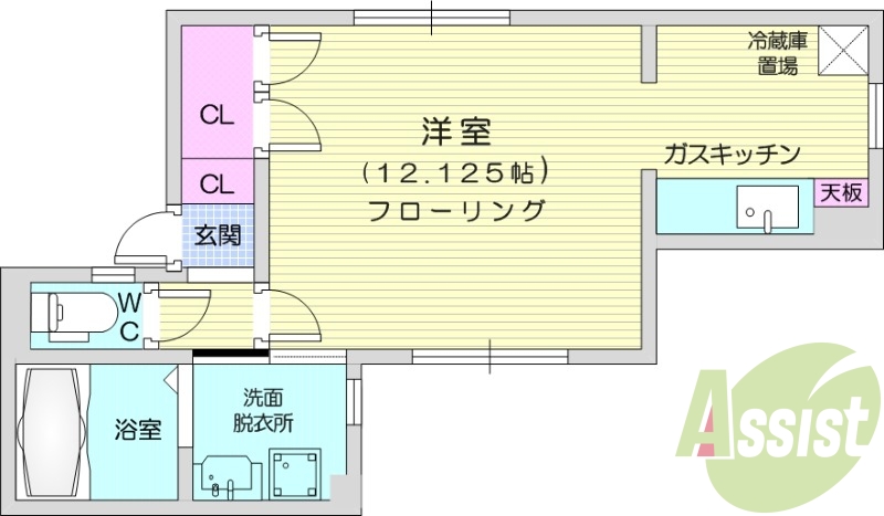 1K、灯油暖房、角部屋、独立洗面台、洗濯機置場
