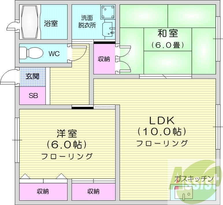 2LDK、無料駐車場、独立洗面台、室内洗濯機置場