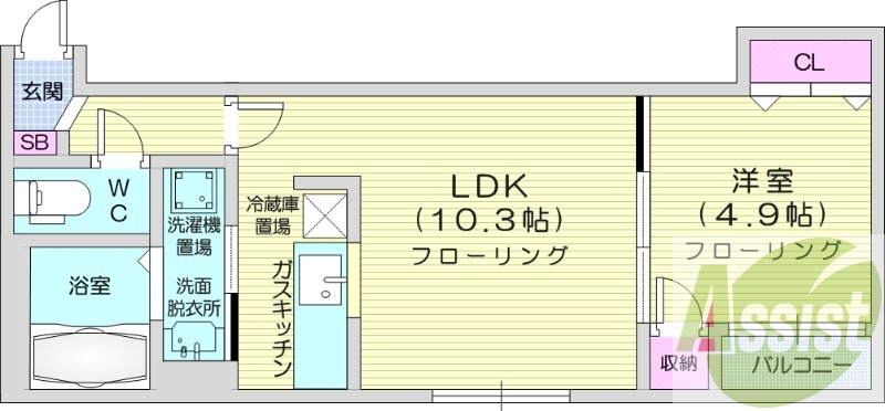1LDK、バストイレ別、独立洗面台、テレビモニターホン