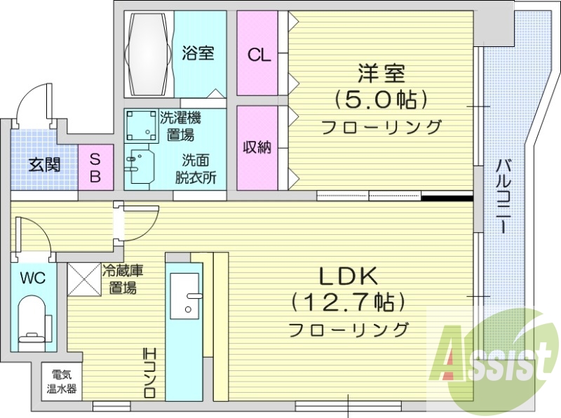 1LDK、バストイレ別、オートロック、暖房