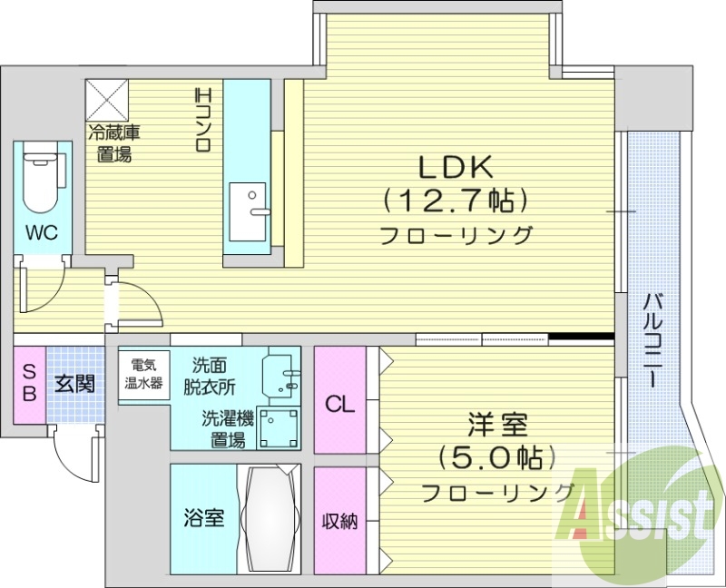 1LDK、バストイレ別、オートロック、暖房