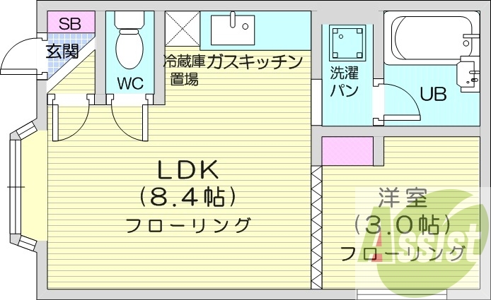 1LDK、灯油暖房、都市ガス、バストイレ別、シューズボックス